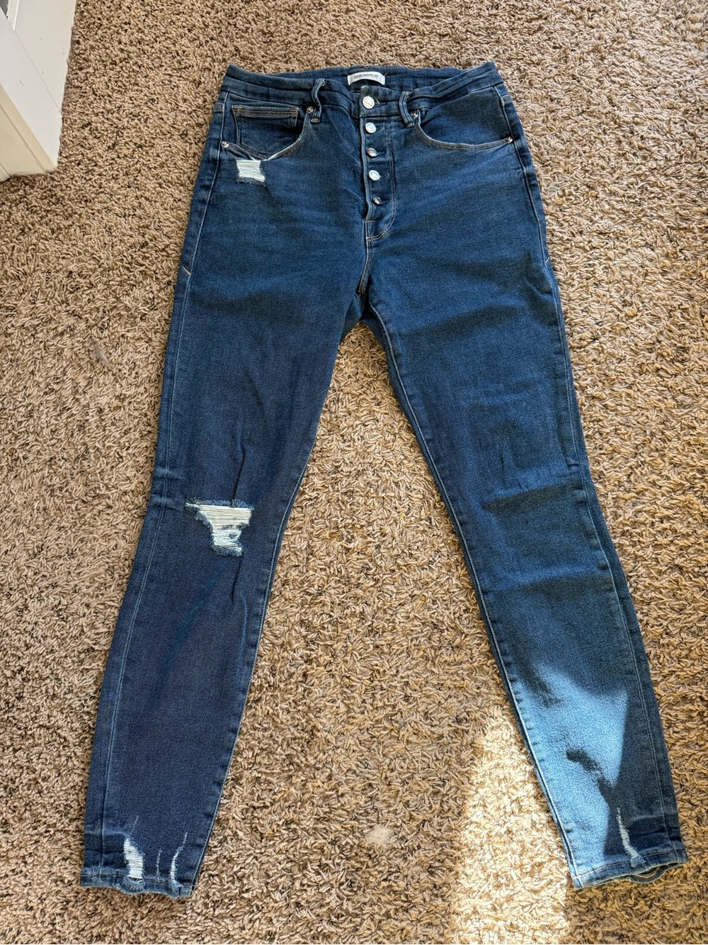 Good American Dark Blue High-Rise Distressed Button-Fly Jeans